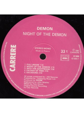 99006  Платиновая реплика музыкального альбома Demon  ‎– Night Of The Demon
