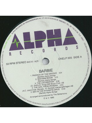 1401372	Barbie ‎– Barbie	Synth-pop, Disco	1985	Alpha Records ‎– ONELP 005	NM/NM	Sweden