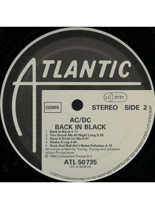 1403419	AC/DC – Back In Black	Hard Rock 	1980	Atlantic – ATL 50 735, Atlantic – SD 16018	EX+/NM-	Germany