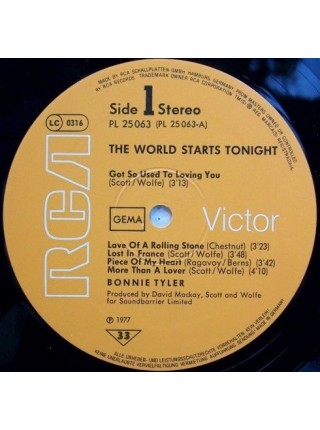 1403442	Bonnie Tyler – The World Starts Tonight	Pop Rock	1977	RCA – PL 25063, RCA Victor – PL 25063	NM/EX+	Germany