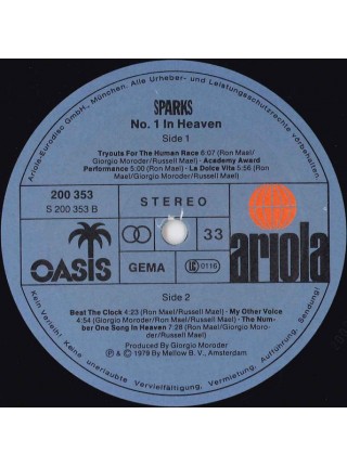 500556	Sparks – No. 1 In Heaven	Synth-pop, Disco	1979	Ariola – 200 353, Ariola – 200 353-320, Oasis – 200 353, Oasis – 200 353-320	NM/NM	Germany