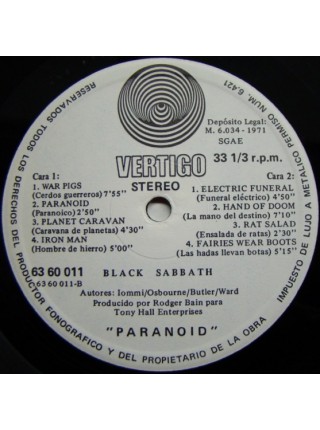 1401387	Black Sabbath ‎– Paranoid  ( ''swirl'' Vertigo label)(легкий песочек, поверхностные волосины)	Hard Rock	1971	Vertigo ‎– 63 60 011	VG+/NM	Spain