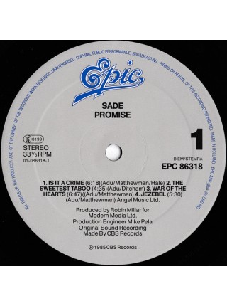 1402273	Sade – Promise	Electronic, Jazz, Funk / Soul	1985	Epic – EPC 86318, Epic – 86318	NM/NM	Europe