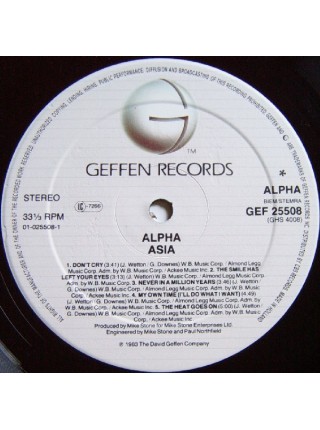 1402276		Asia ‎– Alpha	Pop Rock Prog Rock	1983	Geffen Records – GEF 25508, Geffen Records – GHS 4008	NM/NM	Europe	Remastered	1983