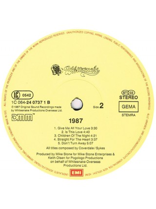 5000203	Whitesnake – 1987 (царапка не влияет)	"	Hard Rock, Arena Rock"	1987	"	EMI – 064 24 0737 1"	EX/EX	Europe	Remastered	1987
