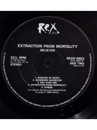 1401201	Believer ‎– Extraction From Mortality	1989	R.E.X. Music ‎– REX R 8902, R.E.X. Music ‎– REXR 8902	EX/EX	UK