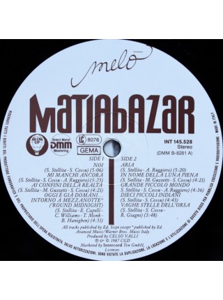 1400319		Matiabazar (Matia Bazar) – Meló	Electronic, Synth-pop, Disco	1987	Intercord – INT 145.528	NM/EX	Germany	Remastered	1987