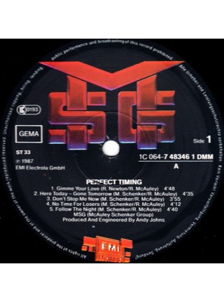 1405003		McAuley Schenker Group – Perfect Timing		Hard Rock	1987	EMI Electrola – 1C 064-7 48346 1 DMM	 NM/EX	Germany	Remastered	1987