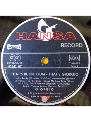 1405075		Giorgio ‎– That's Bubble Gum - That's Giorgio		Pop Rock, Garage Rock, Bubblegum	1969	Hansa ‎– 80 052	VG+/EX+	Germany	Remastered	1969