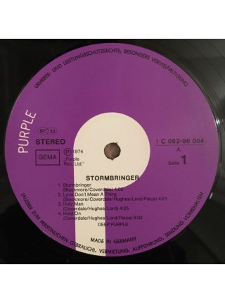 1405017		Deep Purple – Stormbringer		Hard Rock, Blues Rock	1974	Purple Records – 1 C 062-96 004	EX+/EX+	Germany	Remastered	1974