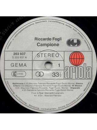 1401512		Riccardo Fogli – Campione    Вкладка-постер	Electronic Pop Rock	1981	CGD – 203 937, Ariola – 203 937, CGD – 203 937-320, Ariola – 203 937-320	NM/NM	Germany	Remastered	1981