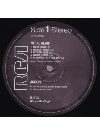 161108	Accept – Metal Heart	"	Heavy Metal"	1985	"	Music On Vinyl – MOVLP2436, BMG – MOVLP2436, RCA – MOVLP2436"	S/S	Europe	Remastered	2019