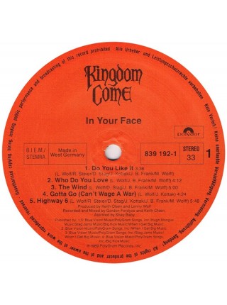1402306		Kingdom Come – In Your Face	Hard Rock, Heavy Metal	1989	Polydor – 839 192-1	NM/NM	Europe	Remastered	1989