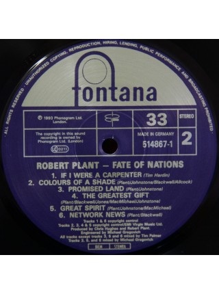 1402897	Robert Plant – Fate Of Nations	Pop Rock, Soft Rock	1993	Fontana – 514 867-1	EX/EX	Europe