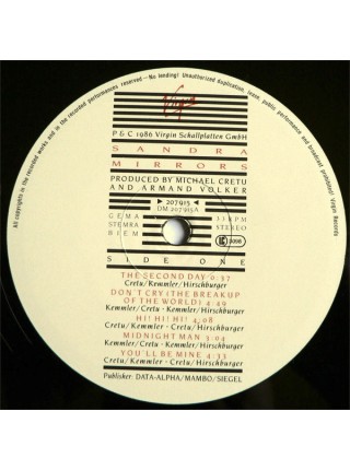 500727	Sandra – Mirrors	"	Synth-pop, Euro-Disco"	1986	"	Virgin – 207 915, Virgin – 207 915-630"	EX+/EX+	Europe
