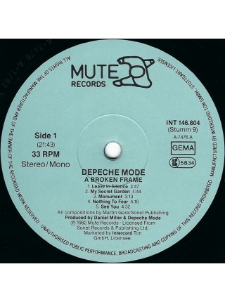 1403987		Depeche Mode – A Broken Frame	Electronic, Synth Pop 	1982	Mute – INT 146.804, Mute – Stumm 9	EX+/EX+	Germany	Remastered	1982