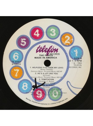 500823	The Flirts – Made In America	"	Hi NRG, Synth-pop"	1984	"	Telefon Records – TE 8001"	NM/EX+	USA