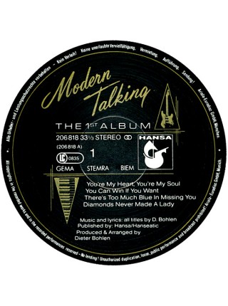 5000006	Modern Talking – The 1st Album	"	Synth-pop, Euro-Disco"	1985	"	Hansa – 206 818, Hansa – 206 818-620"	NM/EX+	Europe	Remastered	1985