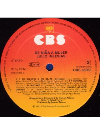 5000011	Julio Iglesias – De Niña A Mujer	"	Soft Rock, Pop Rock"	1981	"	CBS – CBS 85063"	NM/EX	Europe	Remastered	1981