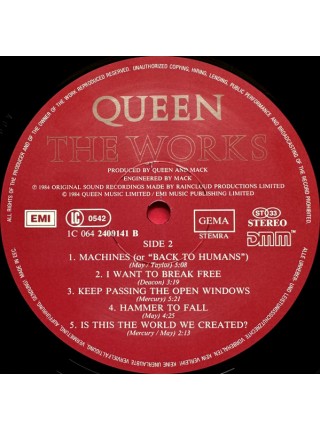 1404032		Queen – The Works	Pop Rock	1984	EMI – 1C 064 2400141	EX/EX	Europe	Remastered	1984