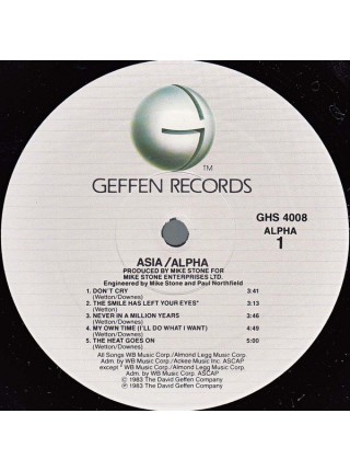 500273	Asia  – Alpha	1983	Geffen Records – GHS 4008	EX/NM	USA