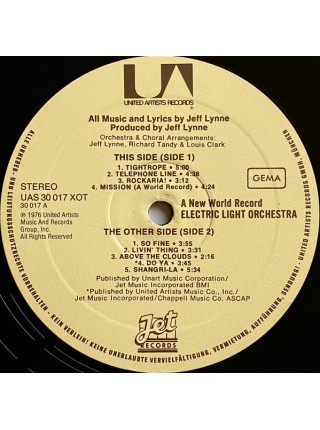 500898	Electric Light Orchestra – A New World Record	"	Symphonic Rock, Pop Rock"	1976	"	United Artists Records – UAS 30 017 XOT, Jet Records – UAS 30 017 XOT"	EX+/EX+	Germany