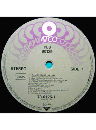 1403350	Yes – 90125	Art Rock, Pop Rock, Prog Rock 	1983	ATCO Records – 790125-1, ATCO Records – 79-0125-1	EX+/NM	Germany